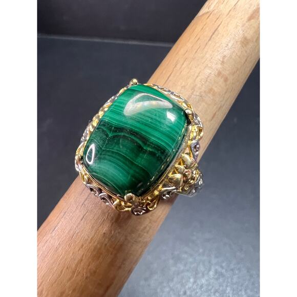 Karis Platinum & 18K Gold Plated Malachite Statement Ring Size 7 - Picture 4 of 16